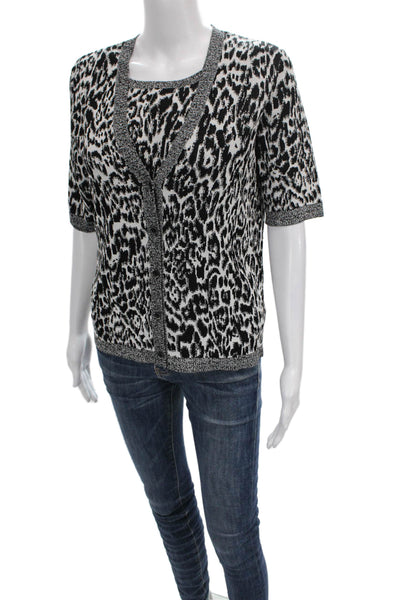 Jones New York Womens Black Animal Print V-Neck Short Sleeve Sweater Size M