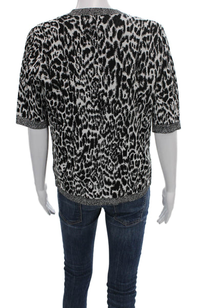 Jones New York Womens Black Animal Print V-Neck Short Sleeve Sweater Size M