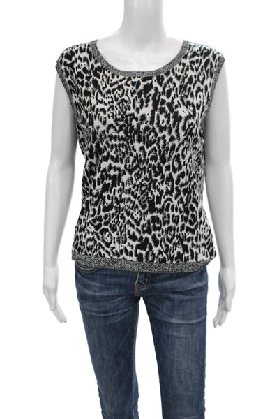 Jones New York Womens Black Animal Print V-Neck Short Sleeve Sweater Size M