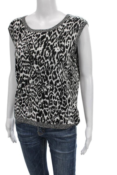 Jones New York Womens Black Animal Print V-Neck Short Sleeve Sweater Size M