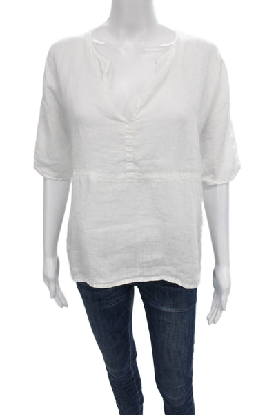 James Perse Women Linen V-Neck Basic Blouse Short Sleeve White Size 1