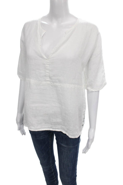 James Perse Women Linen V-Neck Basic Blouse Short Sleeve White Size 1