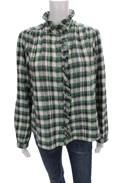 Xirena Women Green Plaid Button-Up Shirt Collared Long Sleeve Size S