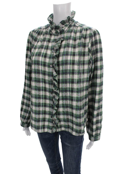 Xirena Women Green Plaid Button-Up Shirt Collared Long Sleeve Size S
