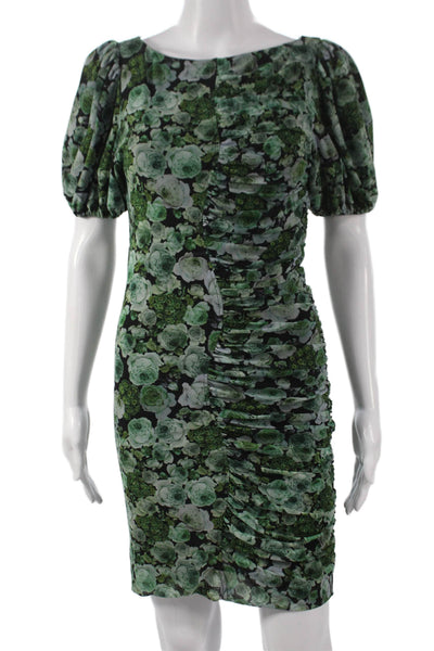 Ganni Women Bodycon Floral Boat Neck Short Sleeve Green Dress Size 36