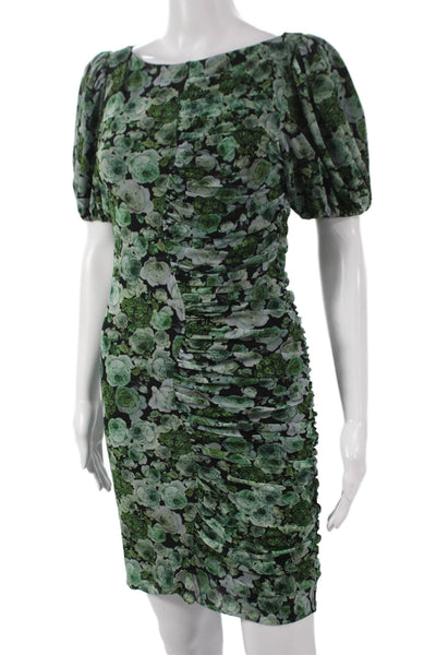 Ganni Women Bodycon Floral Boat Neck Short Sleeve Green Dress Size 36