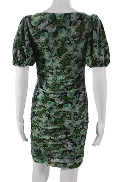 Ganni Women Bodycon Floral Boat Neck Short Sleeve Green Dress Size 36