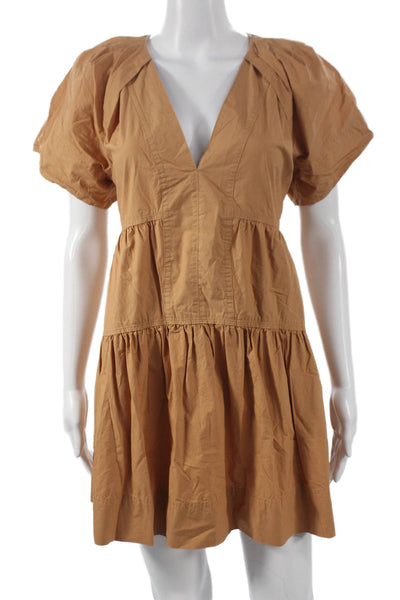 A.L.C. Women Mini V Neck Cotton Dress Beige Short Sleeve Size 0
