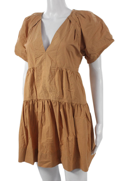 A.L.C. Women Mini V Neck Cotton Dress Beige Short Sleeve Size 0