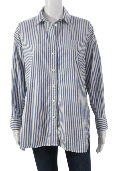 Madewell Womens Striped Collared Cotton Tunic Button Up Blue Long Sleeve Size S