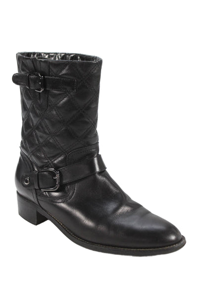 Aquatalia Womens Leather Quilted Buckle Midi Boots Shoes Black Size 7.5