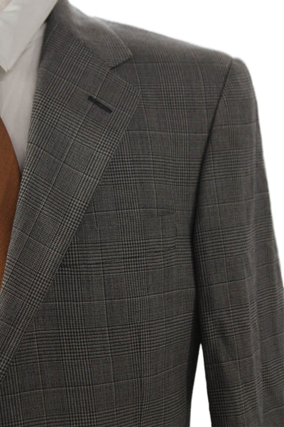 Hickey Freeman Mens Gray Plaid Worsted Wool Blazer Button Size 40