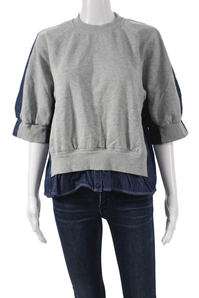 3.1 Phillip Lim Women Gray Pullover Crew Neck 3/4 Sleeve Cotton Size L