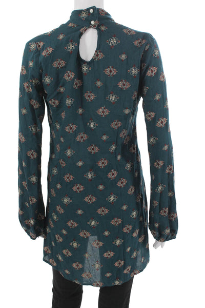 Beach Riot Women Green Rayon Geometric High Neck Long Sleeve Shift Size S