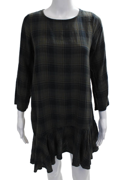 Free People x CP Shades Womens Plaid Shift Dress Green 3/4 Slv Button Size S