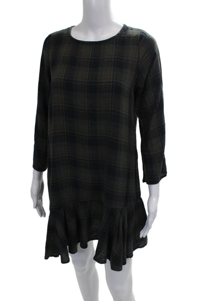 Free People x CP Shades Womens Plaid Shift Dress Green 3/4 Slv Button Size S