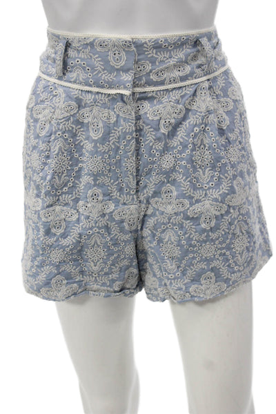 Veronica Beard Women Paperbag Shorts Blue Geometric Cotton Size 10