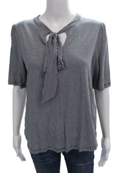 LK Bennett Womens Blue Striped V Neck Cotton Basic Blouse Short Sleeve Size L