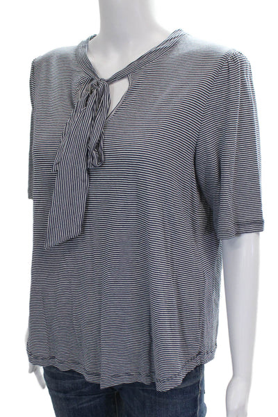 LK Bennett Womens Blue Striped V Neck Cotton Basic Blouse Short Sleeve Size L