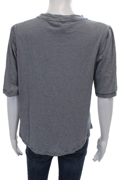 LK Bennett Womens Blue Striped V Neck Cotton Basic Blouse Short Sleeve Size L