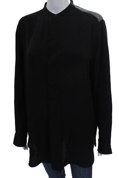 Ralph Lauren Women Black Silk Collared Tunic Blouse Button Long Sleeve Size 14