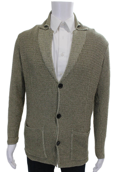 Zara Mens Collared Herringbone Knit Cardigan Green Long Sleeve Size M