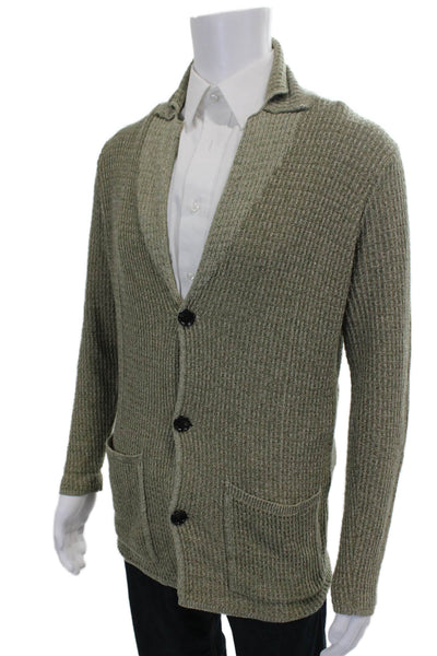 Zara Mens Collared Herringbone Knit Cardigan Green Long Sleeve Size M