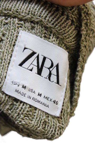 Zara Mens Collared Herringbone Knit Cardigan Green Long Sleeve Size M