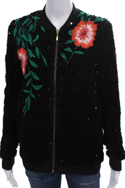 Tahari Womens Black Floral Bomber Jacket Long Sleeve Polyester Size XS