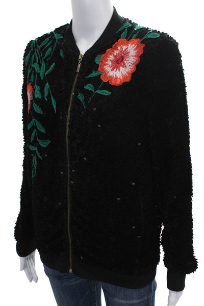 Tahari Womens Black Floral Bomber Jacket Long Sleeve Polyester Size XS