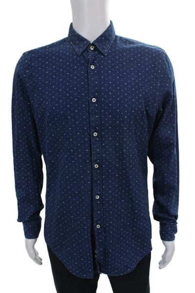 Zara Mens Button Down Collared Cotton Long Sleeve Blue Geometric Size L
