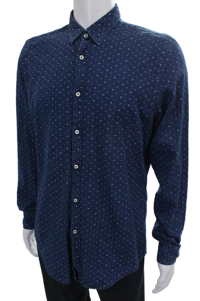 Zara Mens Button Down Collared Cotton Long Sleeve Blue Geometric Size L