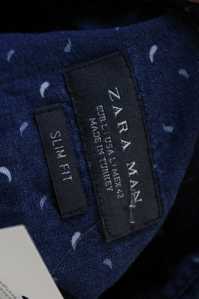Zara Mens Button Down Collared Cotton Long Sleeve Blue Geometric Size L