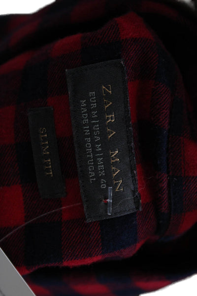 Zara Man Mens Button Down Plaid Cotton Collared Long Sleeve Red Shirt Size M