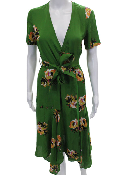 ALC Women Wrap Dress Green Silk Floral V-Neck Tie Short Sleeve Long Size 2