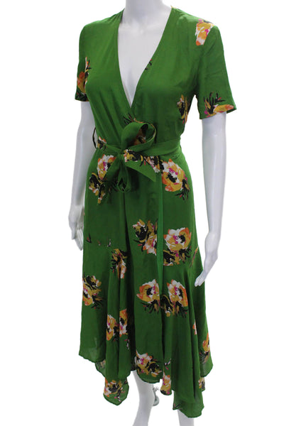 ALC Women Wrap Dress Green Silk Floral V-Neck Tie Short Sleeve Long Size 2