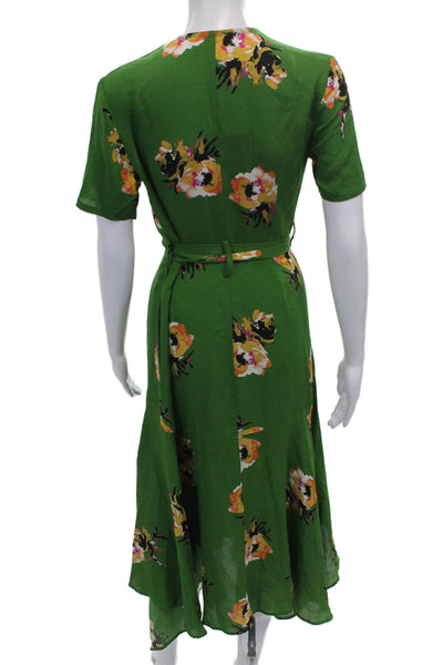 ALC Women Wrap Dress Green Silk Floral V-Neck Tie Short Sleeve Long Size 2