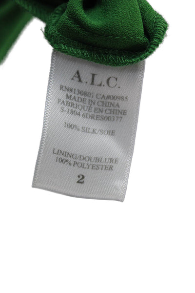 ALC Women Wrap Dress Green Silk Floral V-Neck Tie Short Sleeve Long Size 2