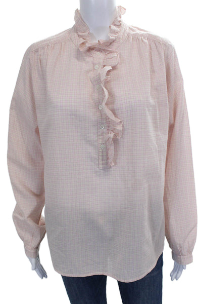 Xirena Womens Pink Check High Neck Tunic Blouse Button Long Sleeve Size S