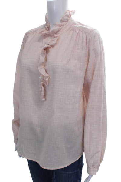 Xirena Womens Pink Check High Neck Tunic Blouse Button Long Sleeve Size S