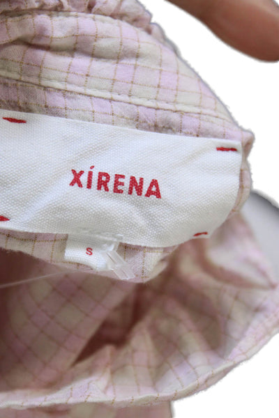 Xirena Womens Pink Check High Neck Tunic Blouse Button Long Sleeve Size S