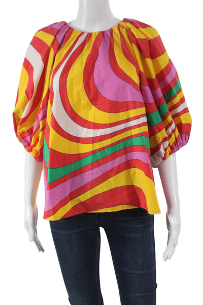 Rhode Womens Basic Blouse Multicolor Cotton Geometric 3/4 Sleeve Tie Size L