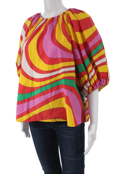 Rhode Womens Basic Blouse Multicolor Cotton Geometric 3/4 Sleeve Tie Size L