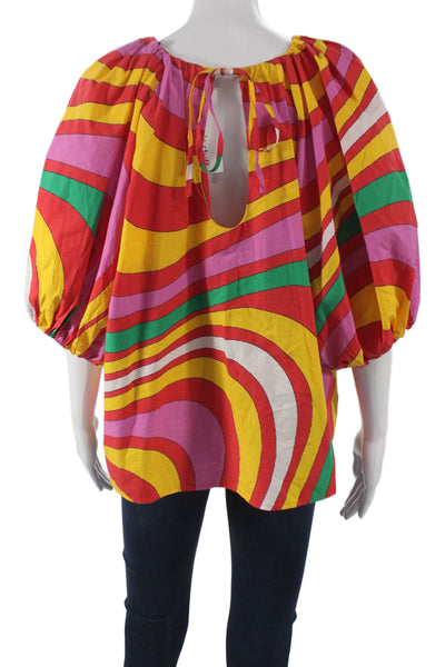 Rhode Womens Basic Blouse Multicolor Cotton Geometric 3/4 Sleeve Tie Size L