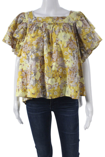 Stella Nova Womens Yellow Basic Square Neck Cotton Blouse Short Sleeve Size 40