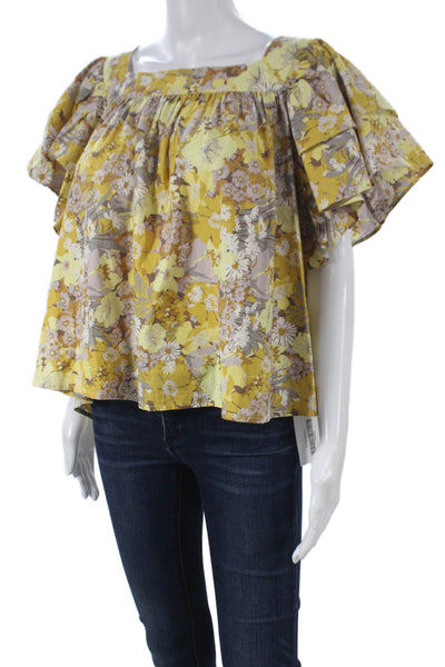 Stella Nova Womens Yellow Basic Square Neck Cotton Blouse Short Sleeve Size 40