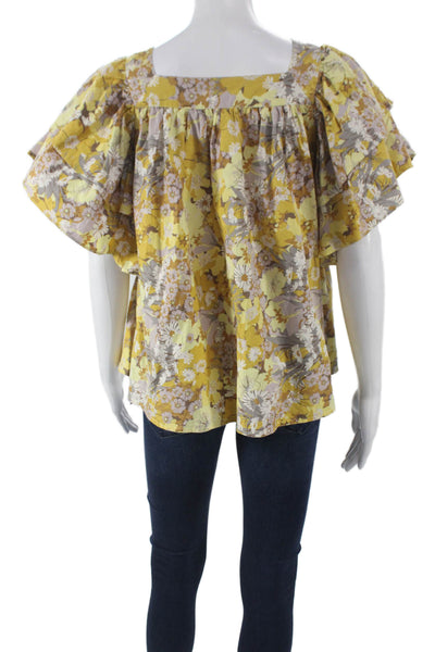 Stella Nova Womens Yellow Basic Square Neck Cotton Blouse Short Sleeve Size 40