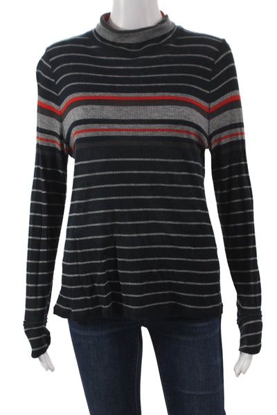 Rag & Bone Jean Women Black Lyocell Mock Neck Striped Basic Tee Size L
