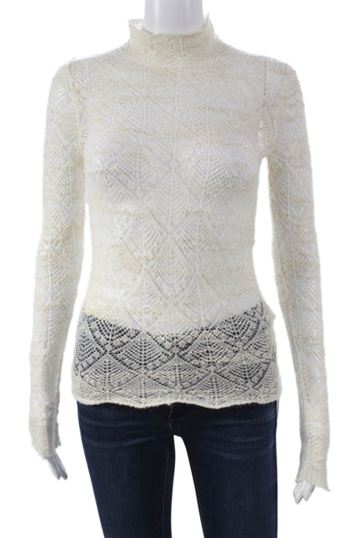 CO Womens Pullover Blouse Ivory Wool Mock Neck Geometric Long Sleeve Size XS