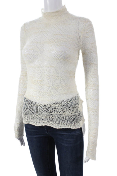CO Womens Pullover Blouse Ivory Wool Mock Neck Geometric Long Sleeve Size XS